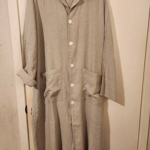 Flax Tan Button Front Maxi Dress, Duster, Coat, Pockets Large B: 53"